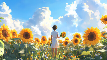 Flower picking in a blooming sunflower field, bright blooms and summer fragrances, hyperrealistic photo. Sunflower Field. Illustration
