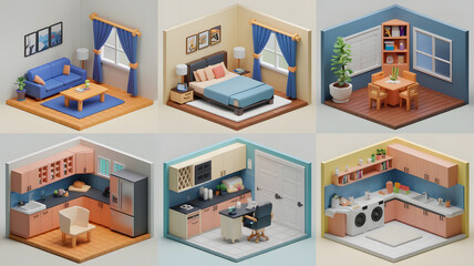 Naklejka premium 3D cartoonish models for a lounge (sofa, table, TV), bedroom (bed, nightstands, dresser), kitchen (appliances, table), bathroom (fixtures), office (desk, chair), and laundry room (washer, dryer).