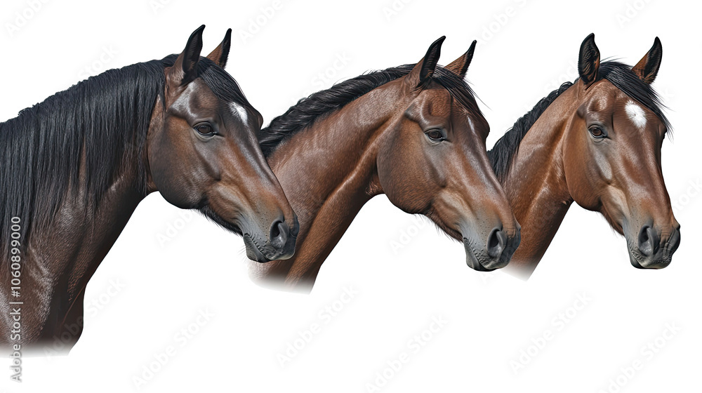 Poster close-up collection of three horses on a transparent background generative ai