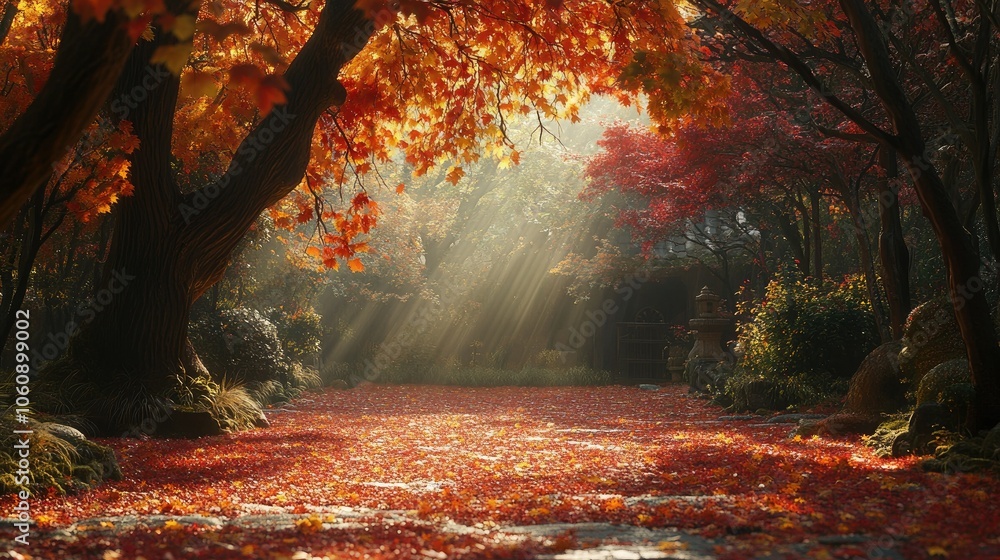 Aufkleber sunlight filtering through red maple trees in autumn