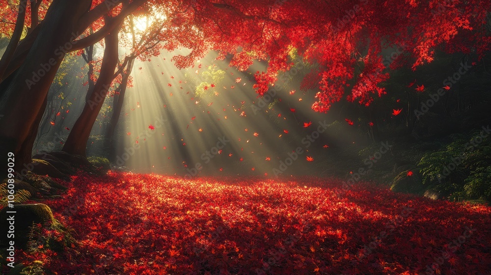 Aufkleber sunlight filtering through red maple trees