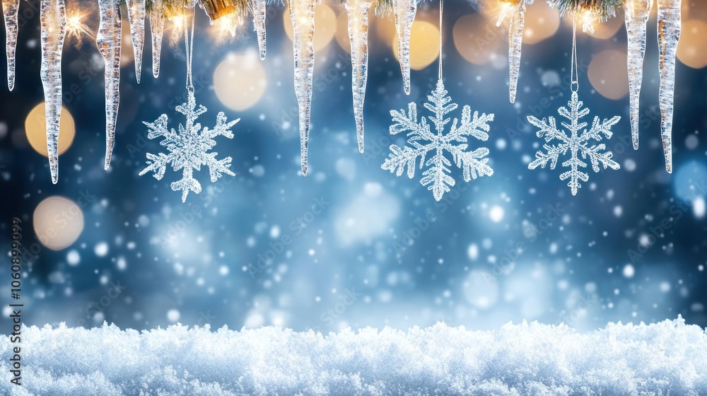 Poster icicles and snowflake ornaments hanging against a snowy and bokeh background