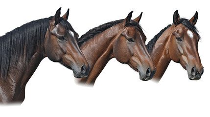 Close-up Collection of Three Horses on a Transparent Background Generative AI