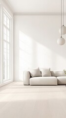 Minimalist Living Room with Large Windows and Soft Lighting