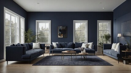 Fototapeta premium Minimalist spacious living room with navy blue background