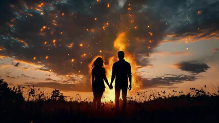Silhouette of a couple holding hands against a fiery sunset backdrop.