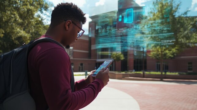 A young man wearing glasses and a burgundy shirt stands on a campus, scrolling through his phone. A digital overlay of code floats in front of him
