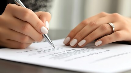 Fototapeta premium Lawyer, broker or HR manager signing a contract agreement with client or employee. Financial advisor asking for womans signature for insurance, legal paperwork or claim document