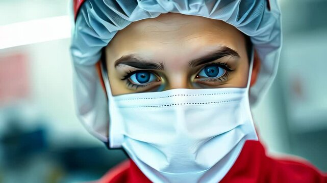 Close-up of a healthcare worker with striking blue eyes, wearing a face mask and protective gear, representing dedication and safety in healthcare.