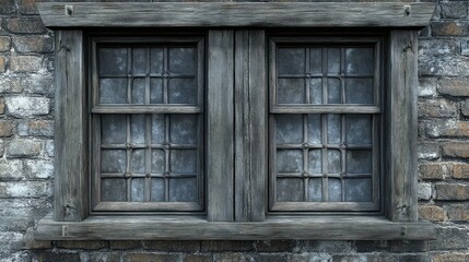 A close-up of a weathered wooden window with two panes, each with a grid of small glass squares.