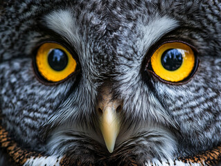 Closeup of great gray owl face. ,Carnivorous bird with amber eyes. 
