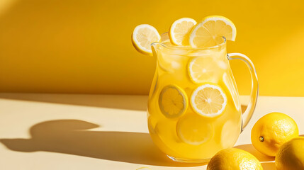 A pitcher of fresh lemonade with lemon slices, set against a sunny yellow background for a bright and refreshing look