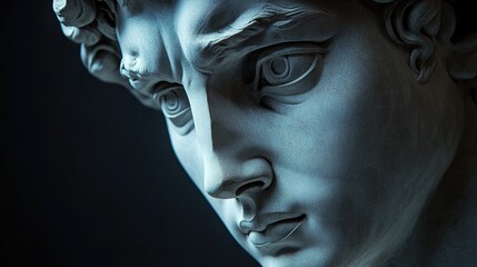 Front view of the gypsum statue of David's head, showcasing the heroic expression and classical beauty of the ancient Greek sculpture replica on a dark background