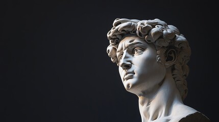 Front view of the gypsum statue of David's head, showcasing the heroic expression and classical beauty of the ancient Greek sculpture replica on a dark background