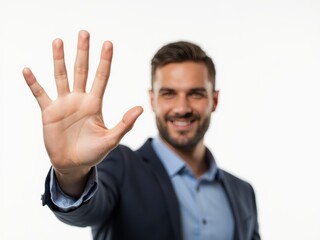 A Businessman Smiling and Showing His Hand With an Open Palm in a Professional Setting for a Friendly Greeting or Gesture