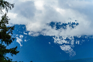 A mountain covered with coniferous forest in the clouds in Montana, USA