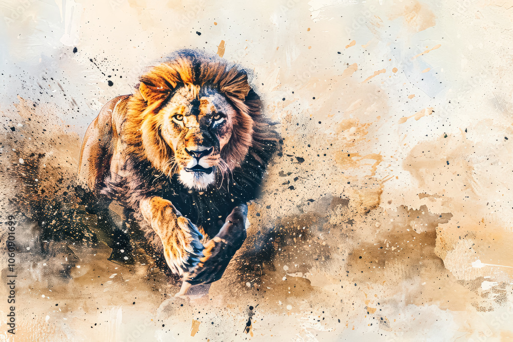 Poster lion is running through the air with its paws in the air. the lion is in the middle of the image and