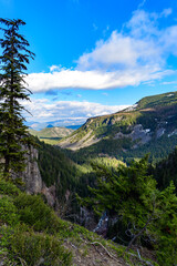 High mountains covered with dense forest, a lake in the distance. Montana, USA