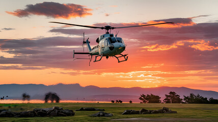 A helicopter flying toward a landing during a stunning orange sunset.

