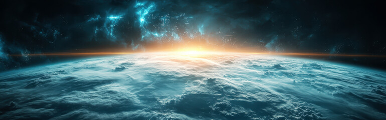 Naklejka premium AI manipulating weather systems, showing glowing data controls above a digital storm