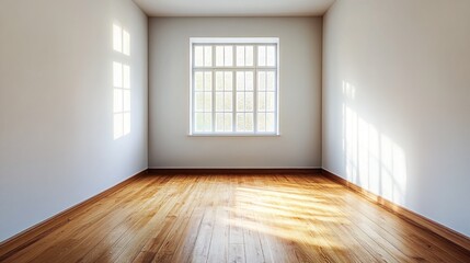 Obraz premium Empty room with a window, hardwood floor, and sunlight streaming through.