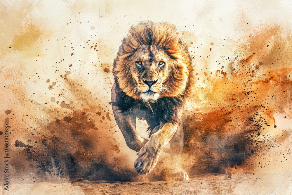 Poster lion is running through the air with its paws in the air. the lion is in the middle of the image and