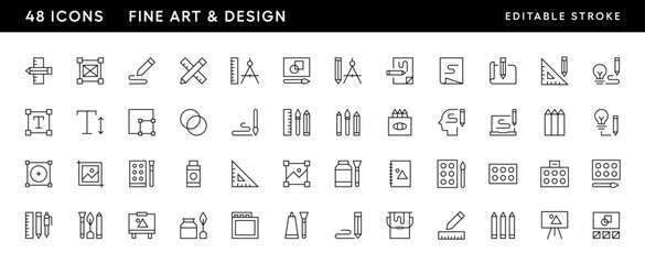 Design icon collection. Fine art icon set. Fine art, design tools, work area, measure, type tool, drawing and more. Editable stroke. Pixel Perfect. Grid base 32px.