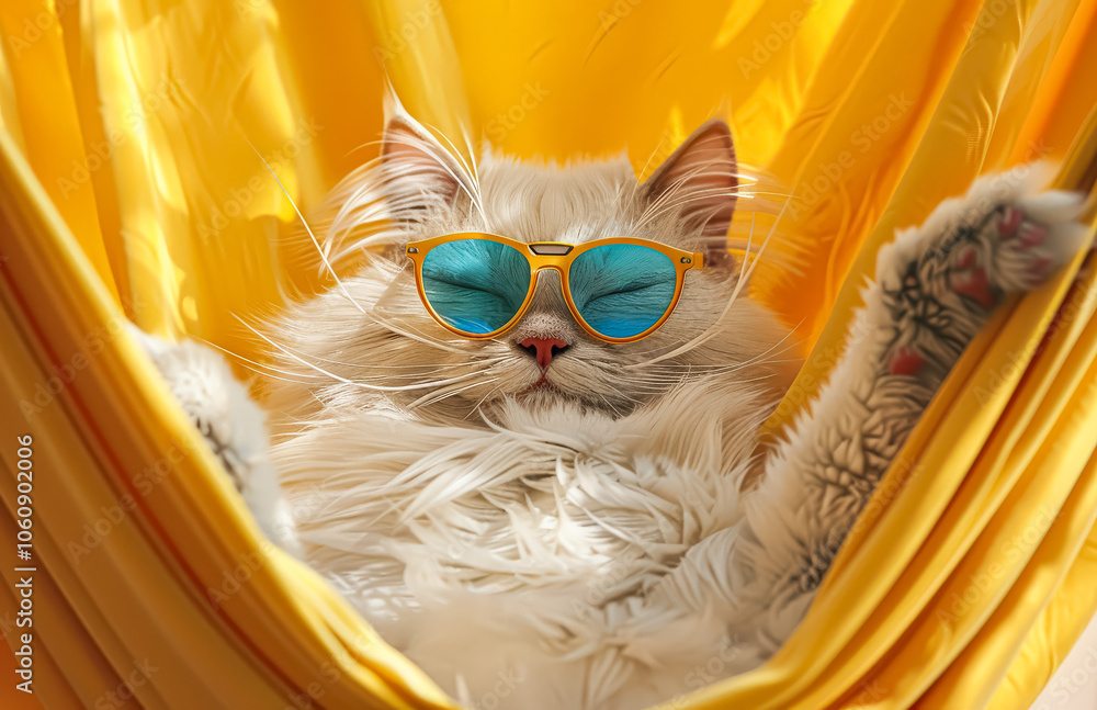 Poster white cat is lounging in a yellow hammock with sunglasses on its face. the cat appears to be enjoyin