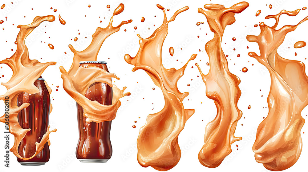 Poster dynamic cola splashes from cans against a transparent background generative ai