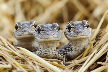 Fototapeta premium Three baby lizards are standing on a pile of straw. They are all facing the camera and appear to be curious about the photographer