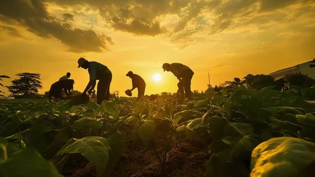 Silhouetted farmers working in a lush green field at sunset.