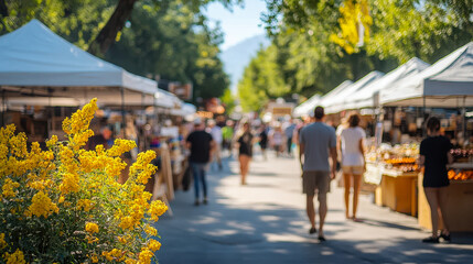 Vibrant Local Fair with Art and Food Stalls Under White Awnings in Sunny Setting