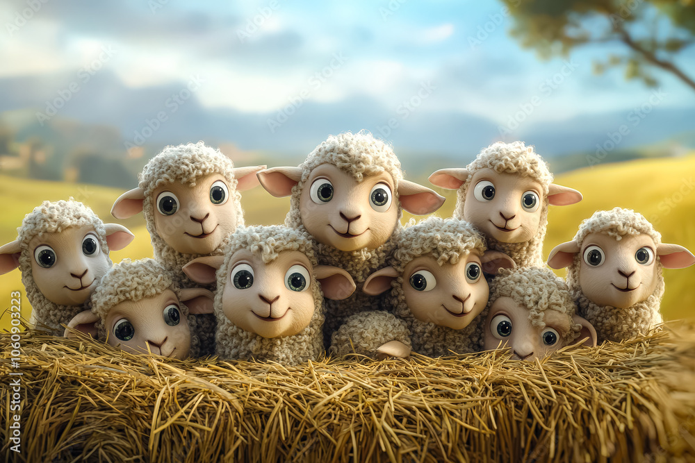 Poster group of sheep are standing on top of a hay bale. the sheep are all facing the camera and appear to 