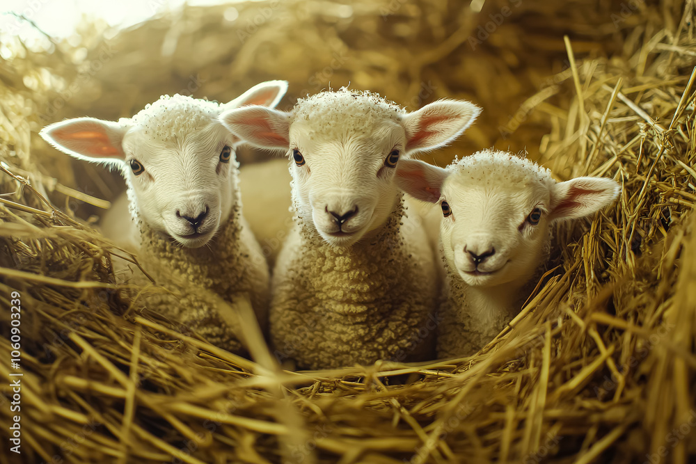 Poster group of sheep are standing on top of a hay bale. the sheep are all facing the camera and appear to 