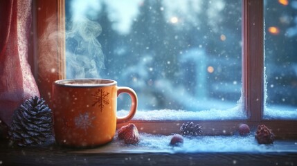 Hot Drink by Snowy Window.
