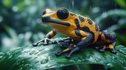 Fototapeta premium A vibrant yellow and black poison dart frog sits on a green leaf in a rainforest, rain falling around it.