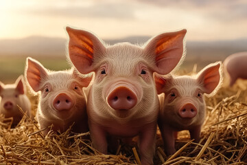 Three pigs are sitting in a hay bale. They are all smiling and looking at the camera