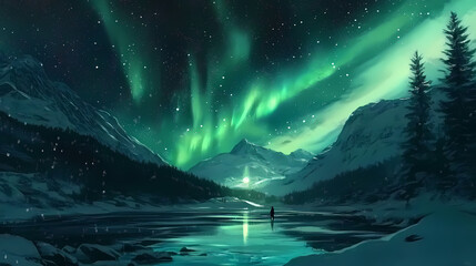 Glowing aurora borealis over a snowy landscape, capturing the magic of the northern lights, winter glowtime, breathtaking and ethereal. Aurora Borealis Reflection. Illustration