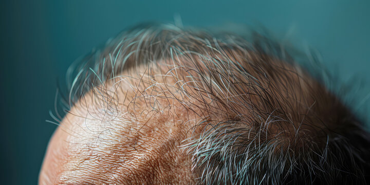 Closeup of a mans head showing advanced baldness and receding hairline, highlighting the impact of alopecia and hair loss