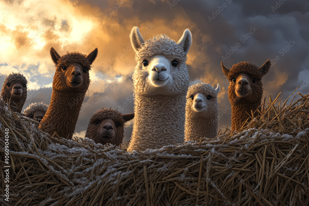 Poster four llamas standing in a field of tall grass. the llamas are all facing the camera and appear to be