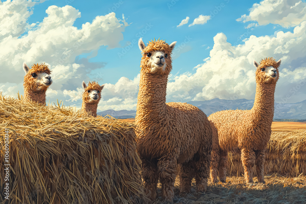 Poster four llamas standing in a field of tall grass. the llamas are all facing the camera and appear to be