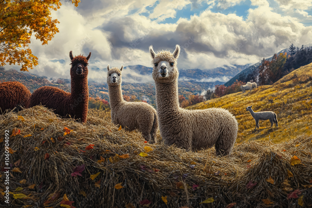 Poster four llamas standing in a field of tall grass. the llamas are all facing the camera and appear to be