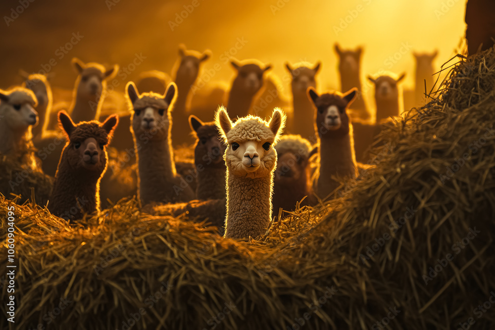 Poster four llamas standing in a field of tall grass. the llamas are all facing the camera and appear to be