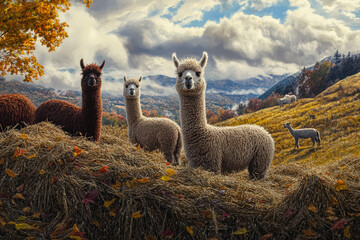 Obraz premium Four llamas standing in a field of tall grass. The llamas are all facing the camera and appear to be looking at the viewer. The scene has a peaceful and serene mood