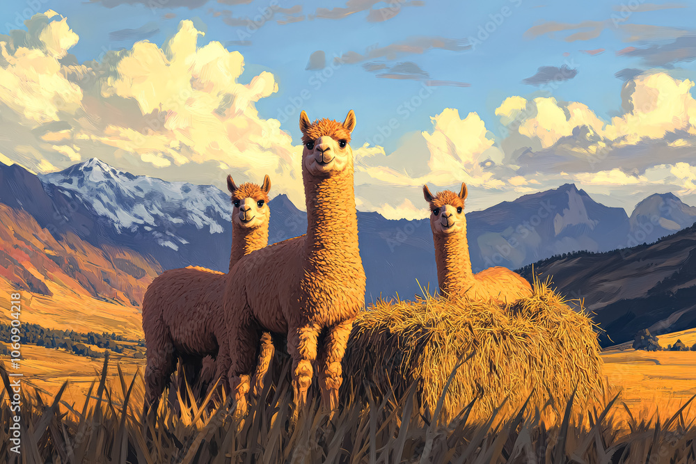 Poster four llamas standing in a field of tall grass. the llamas are all facing the camera and appear to be