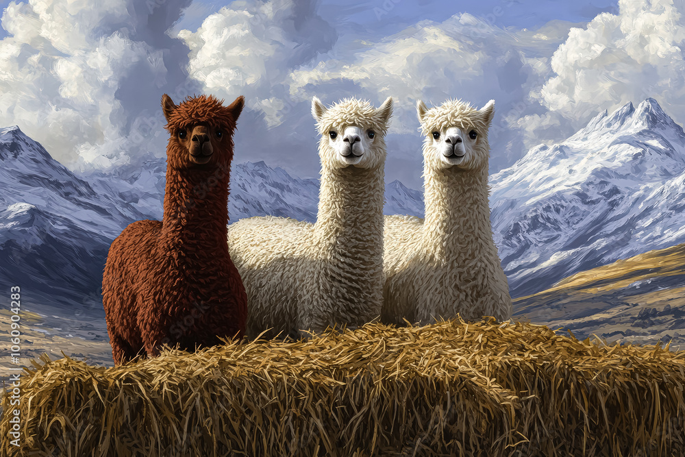 Poster four llamas standing in a field of tall grass. the llamas are all facing the camera and appear to be