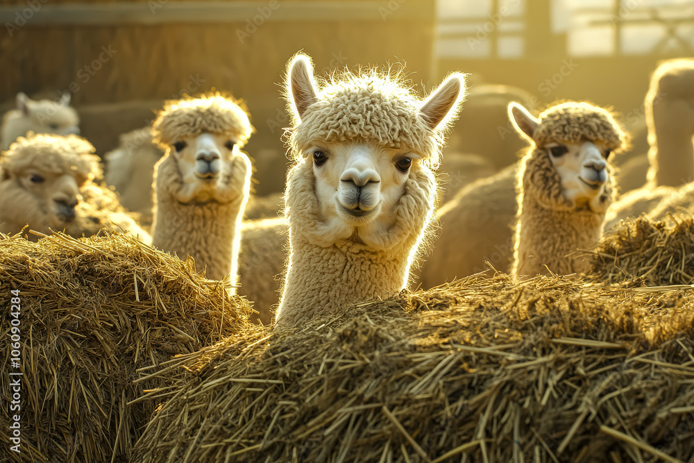 Poster four llamas standing in a field of tall grass. the llamas are all facing the camera and appear to be