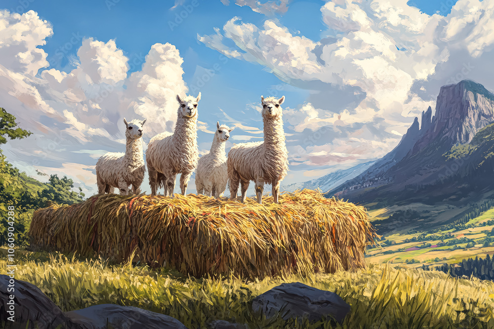 Poster four llamas standing in a field of tall grass. the llamas are all facing the camera and appear to be