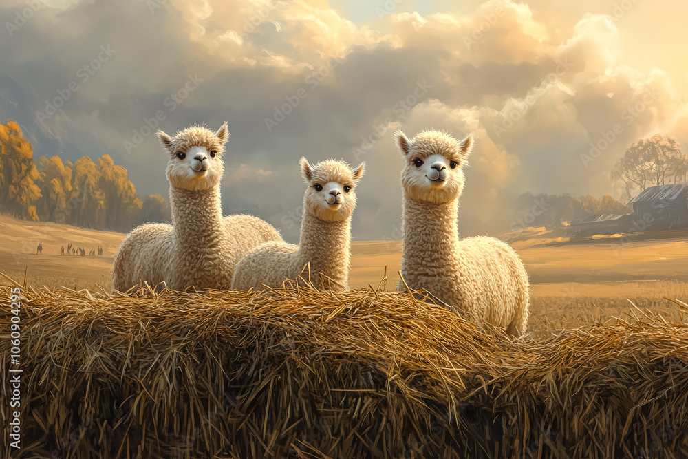 Poster four llamas standing in a field of tall grass. the llamas are all facing the camera and appear to be
