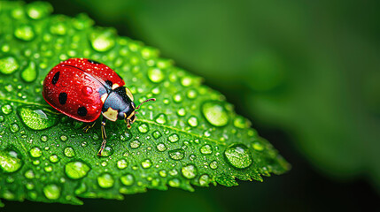 Naklejka premium A vibrant ladybug rests on a dew-covered leaf, showcasing nature's beauty in macro photography.